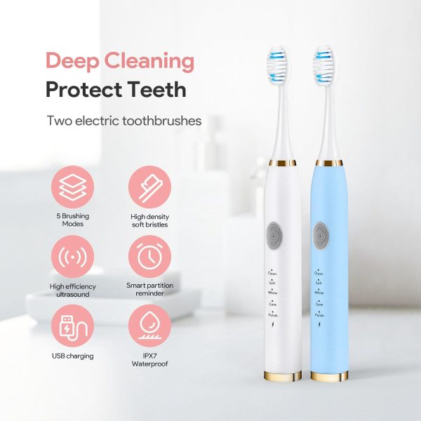 2 Pack Sonic Electric Toothbrush, Adult Travel Sonic Toothbrush, Built-in 2-Minute Brushing Timer, 5 Brushing Modes, 10 Brush Heads (Blue + White)
