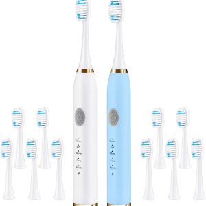2 Pack Sonic Electric Toothbrush, Adult Travel Sonic Toothbrush, Built-in 2-Minute Brushing Timer, 5 Brushing Modes, 10 Brush Heads (Blue + White)