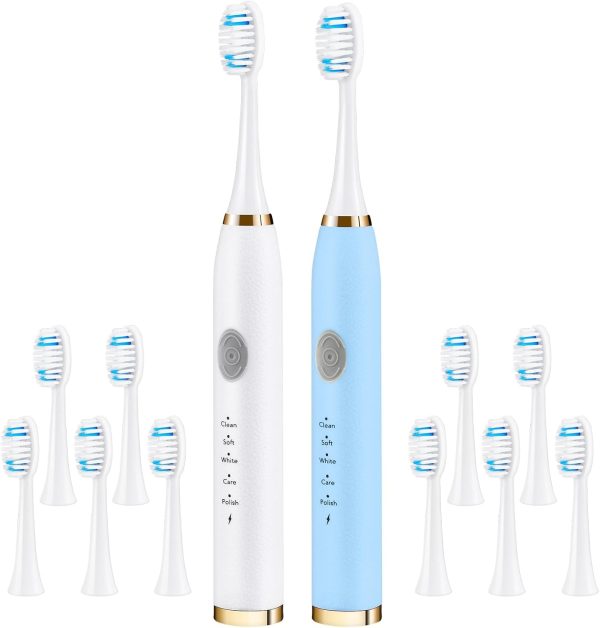 2 Pack Sonic Electric Toothbrush, Adult Travel Sonic Toothbrush, Built-in 2-Minute Brushing Timer, 5 Brushing Modes, 10 Brush Heads (Blue + White)