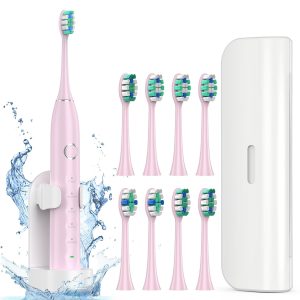 Electric Toothbrush for Adults with 8 Brush Heads, Sonic Toothbrush Rechargeable with a Holder & Travel Case, 2.5 Hours Charge for 120 Days Use - Pink