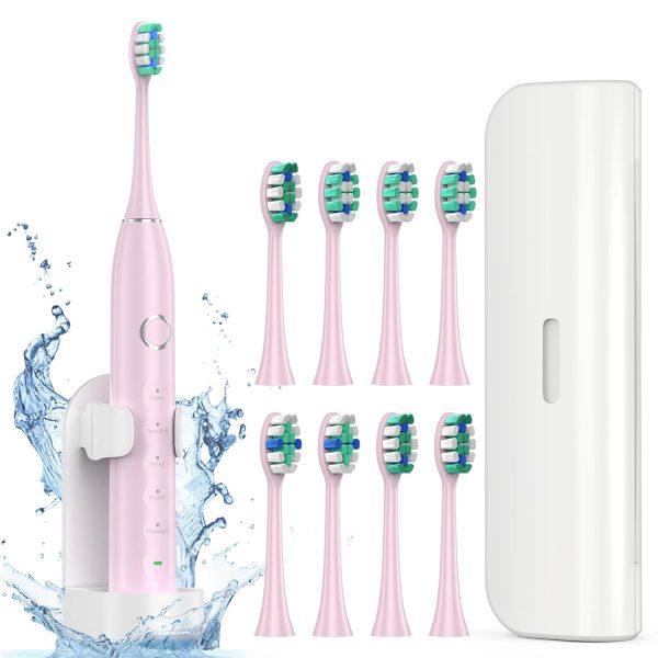 Electric Toothbrush for Adults with 8 Brush Heads, Sonic Toothbrush Rechargeable with a Holder & Travel Case, 2.5 Hours Charge for 120 Days Use - Pink