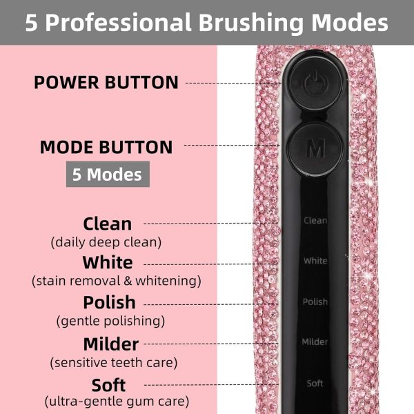 Sonic Electric Toothbrush  Rechargeable Toothbrushes for Adults with 6 Brush Heads Vibrating Toothbrush-5 Modes, USB-C Fast Charge,2Min Smart Timer,IPX7 Waterproof(Pink)